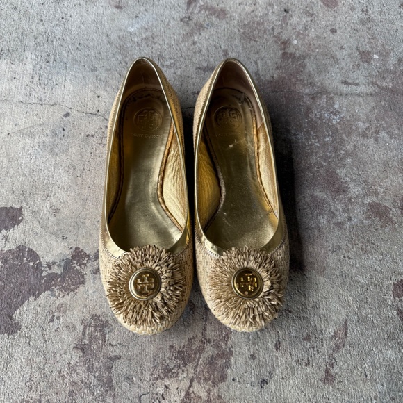 Tory Burch Ballet Flats Straw Size 9.5 Gold Women's Shoes - Picture 3 of 7